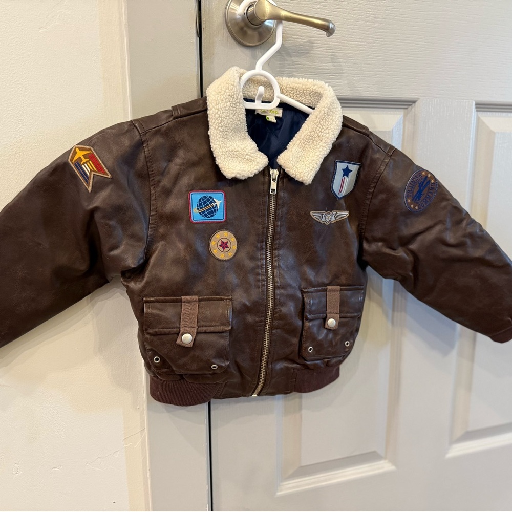 Le Top Brown Faux Leather Jacket with Cream Collar